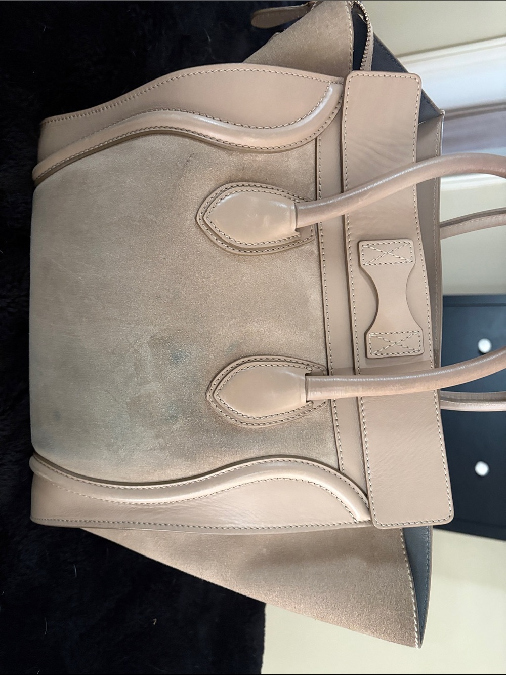 Beige large Luggage Tote - Beige Suede & Leather - Picture 2 of 8